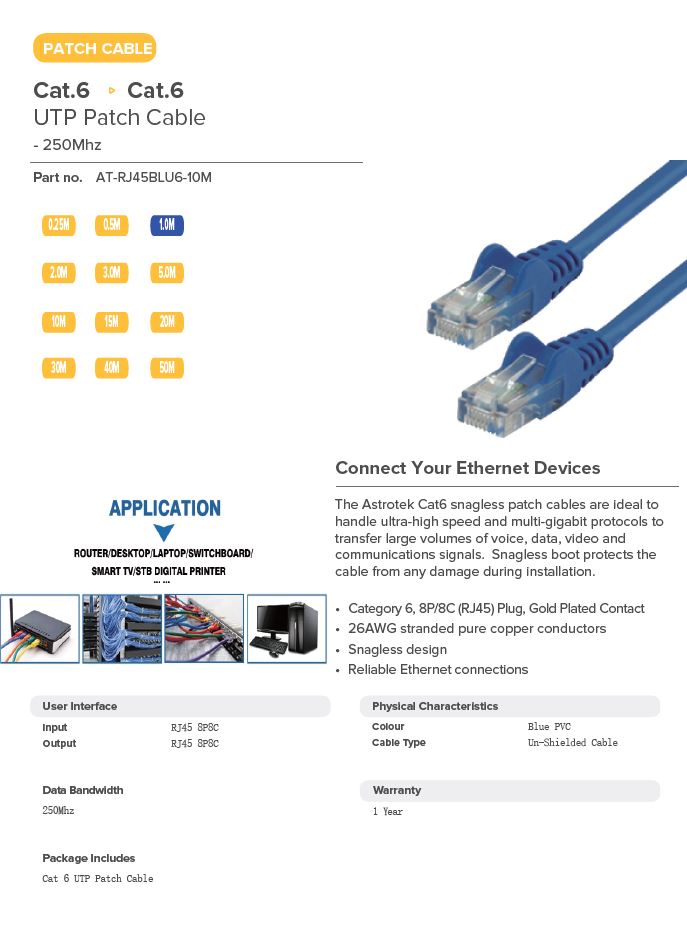 ASTROTEK 10M BLUE CAT6 UTP ETHERNET CABLE FOR FAST NETWORKING