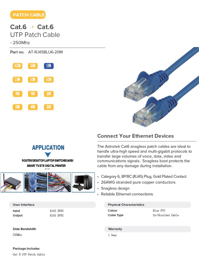 ASTROTEK 20M BLUE ETHERNET CABLE - FAST LOCAL NETWORK CONNECTION