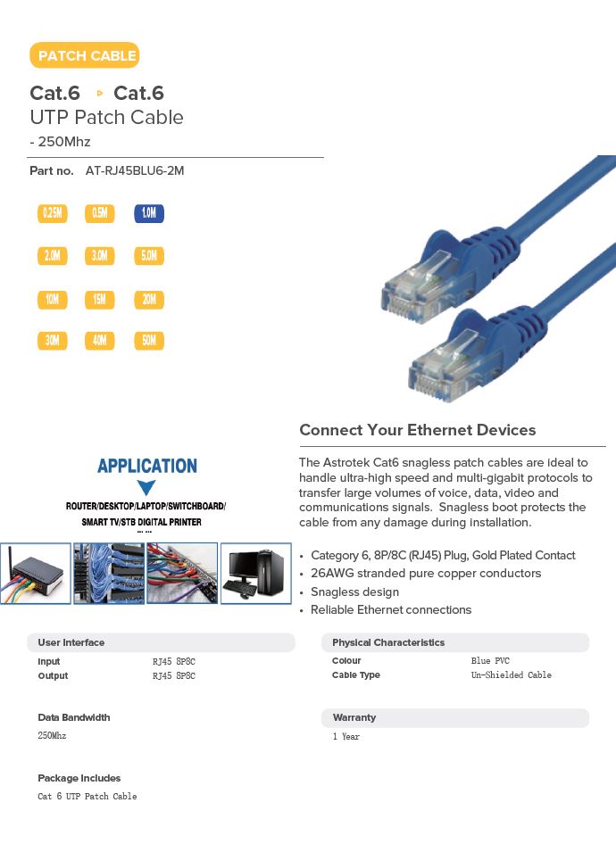 ASTROTEK 2M BLUE RJ45 ETHERNET CABLE - FAST NETWORK CONNECTION