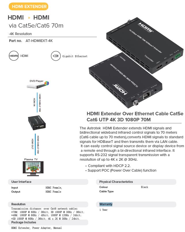 ASTROTEK 4K HDMI EXTENDER OVER ETHERNET CABLE - RELIABLE SIGNAL BOOST