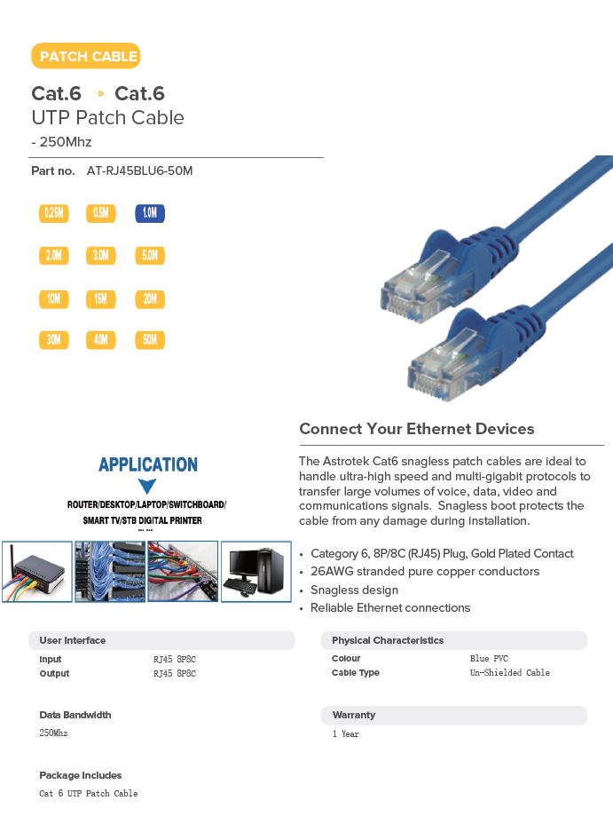 ASTROTEK 50M BLUE ETHERNET CABLE - FAST NETWORK CONNECTION