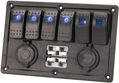 GENERIC/UNSPECIFIED MANUFACTURER 12V 6 WAY ILLUMINATED SWITCH PANEL WITH USB & BATTERY PLUGS