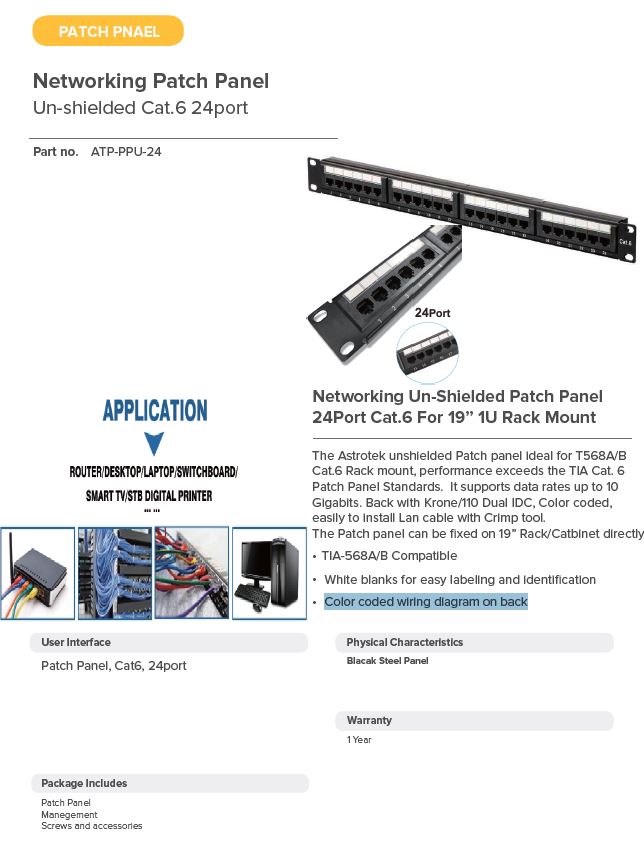 ASTROTEK 24-PORT PATCH PANEL - RELIABLE NETWORK MANAGEMENT