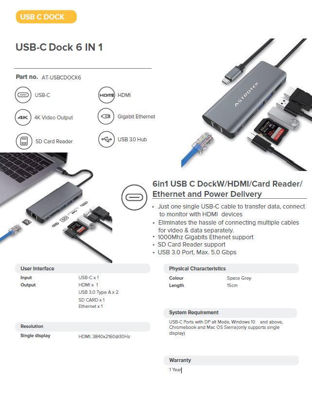 ASTROTEK 6-IN-1 USB-C HUB FOR LAPTOPS & DEVICES