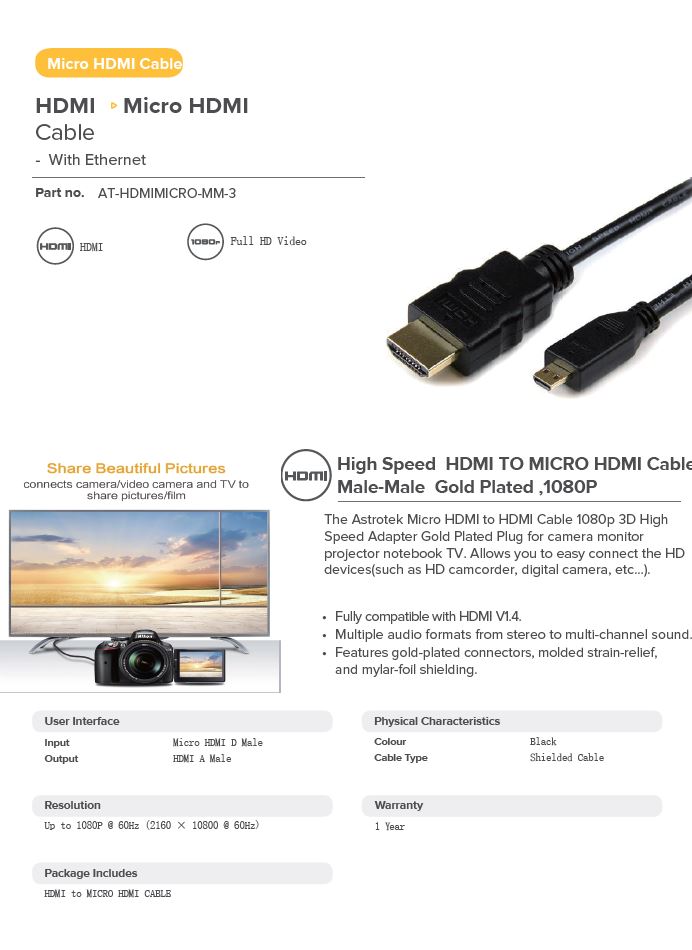 ASTROTEK MICRO HDMI TO HDMI CABLE - 3M HIGH SPEED