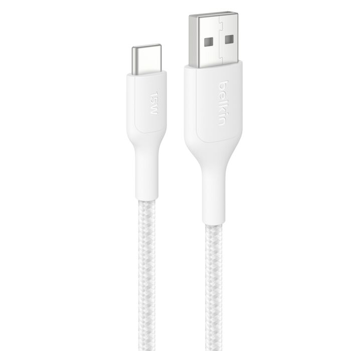 BELKIN 1M USB-A TO C BRAIDED CABLE - WHITE FOR FAST CHARGING