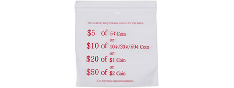 MARBIG CLEAR COIN BAGS WITH RED DENOMINATIONS - 110X100MM