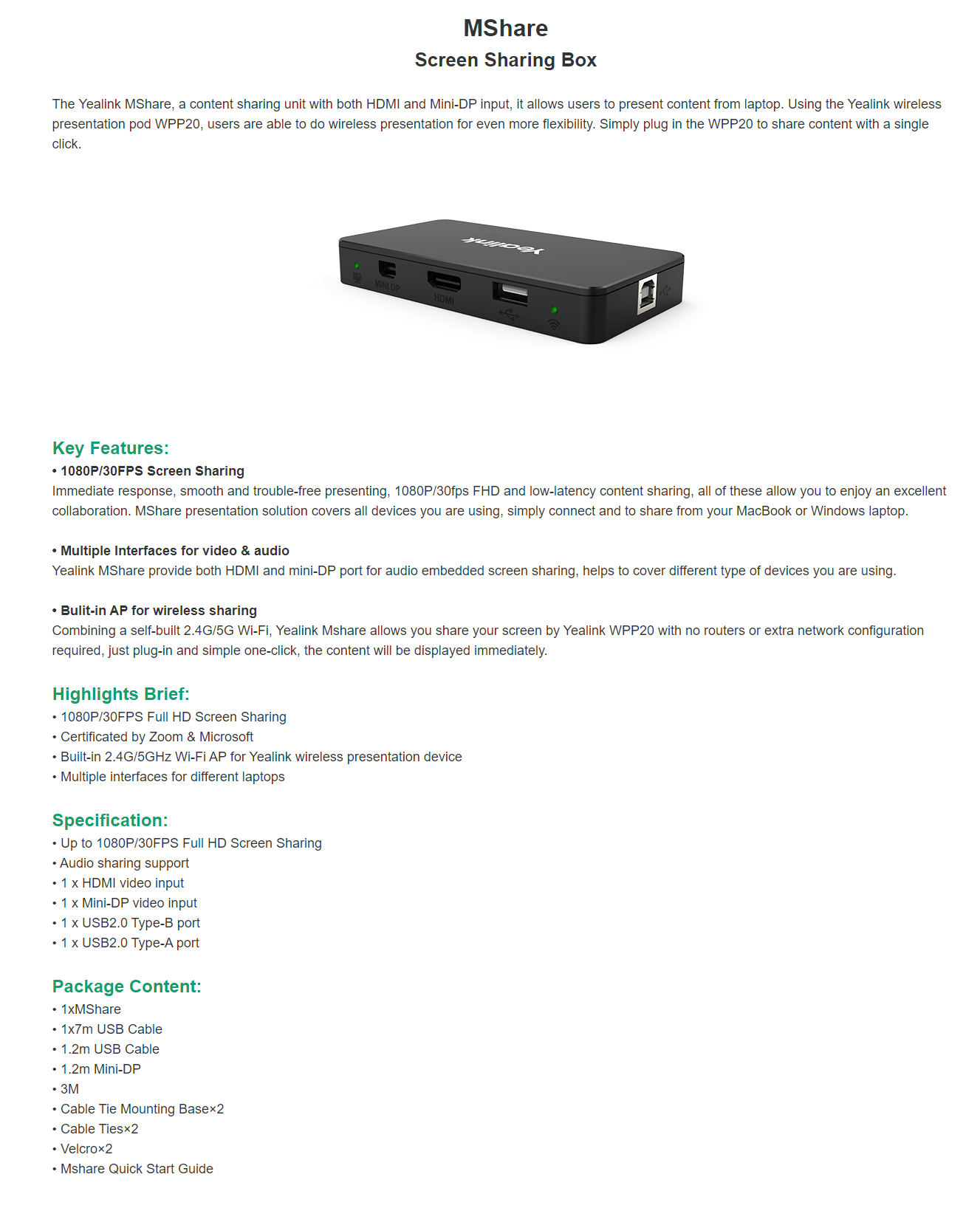 YEALINK MSHARE USB CONTENT SHARING DEVICE FOR SEAMLESS MEETINGS