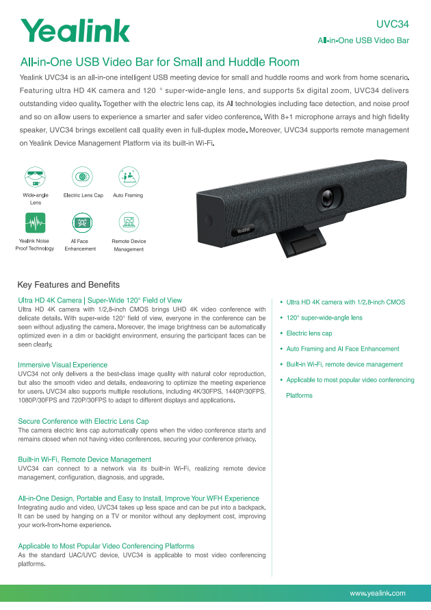 YEALINK UVC34 4K USB CAMERA FOR CONFERENCE ROOMS