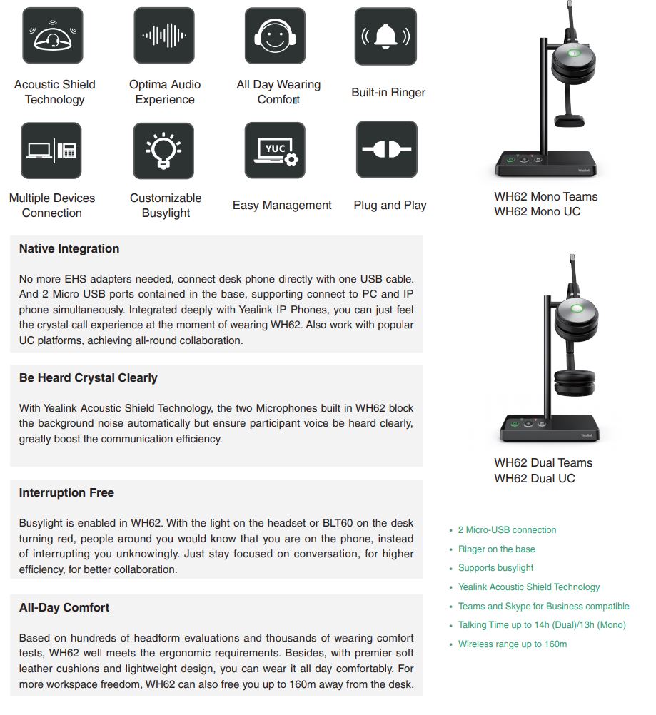 YEALINK WH62 DECT WIRELESS HEADSET FOR DESK PHONES